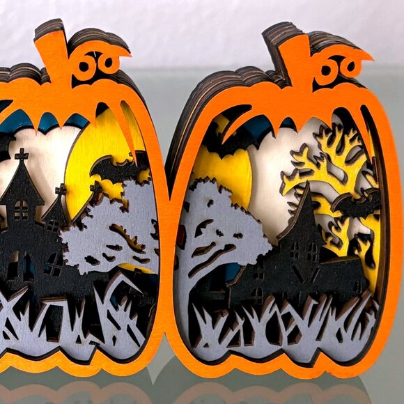 Halloween BOO Pumpkins Haunted House Witch Bats Wood Wooden 3D Diorama Sculpture - Picture 5 of 11